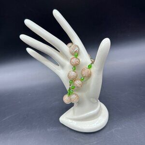 Art Glass Beaded Bracelet Green Copper Speckled White Beads Dangle Handmade